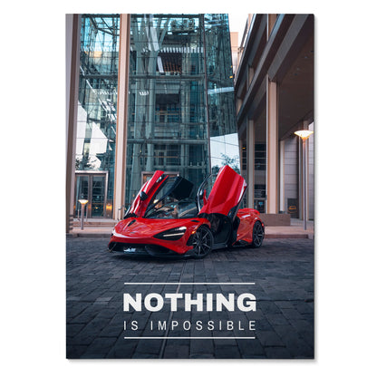 Red McLaren 765LT with gullwing doors open in urban setting motivational poster wall art.
