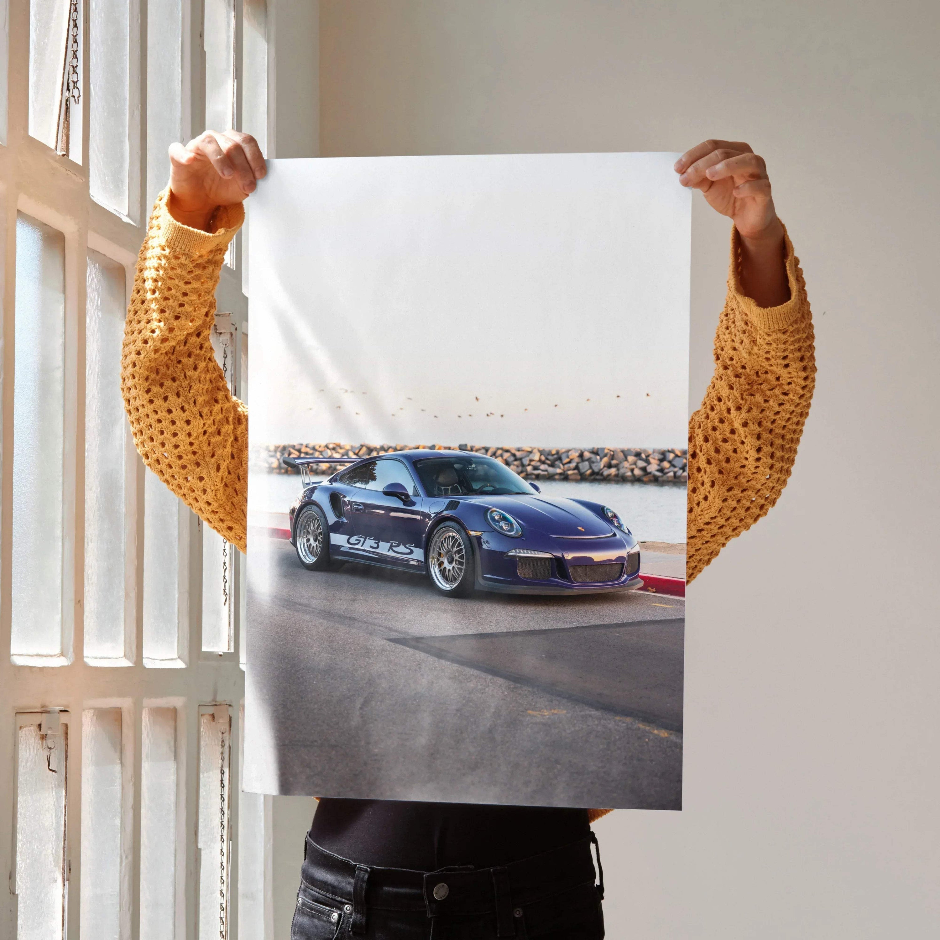 Porsche 911 GT3 RS parked on racetrack poster wall art with clean white background.