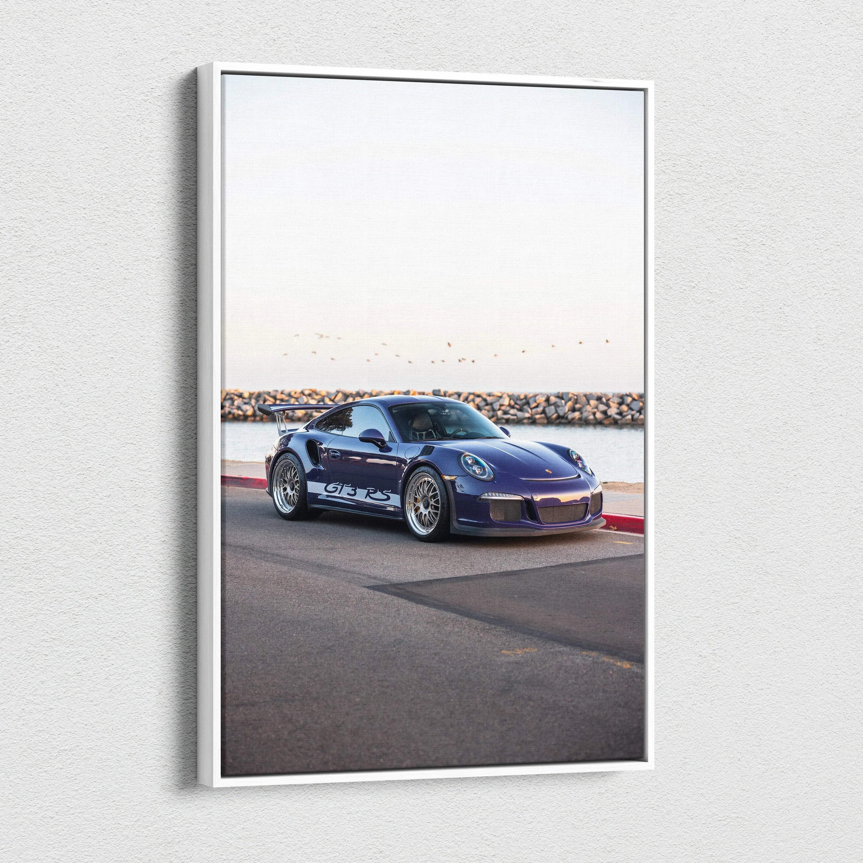 Porsche 911 GT3 RS on road high-resolution vertical canvas wall art with sleek sports car details.