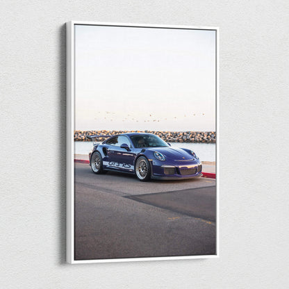 Porsche 911 GT3 RS on road high-resolution vertical canvas wall art with sleek sports car details.