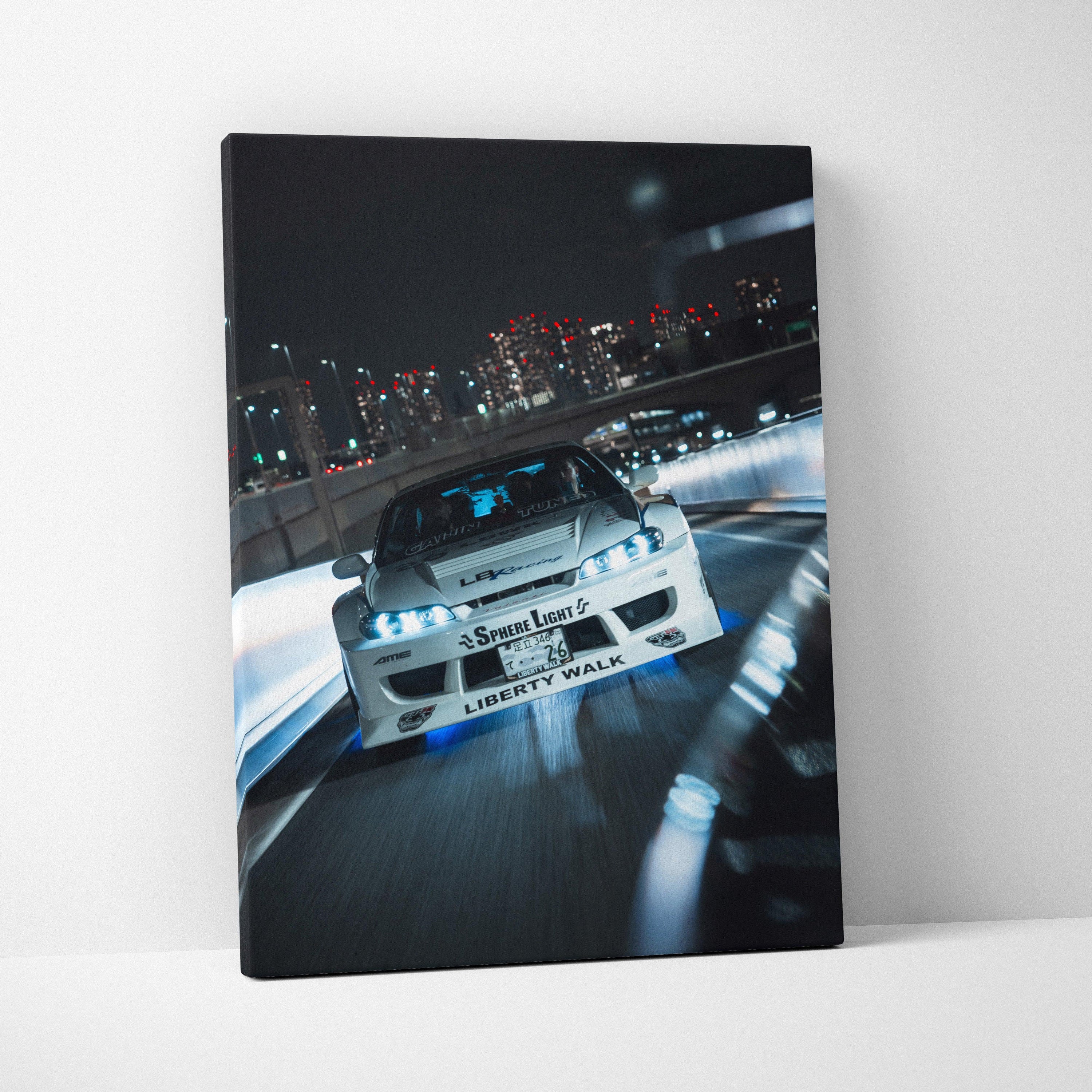 Nissan S15 Silvia speeding on a city road at night, vertical canvas wall art.