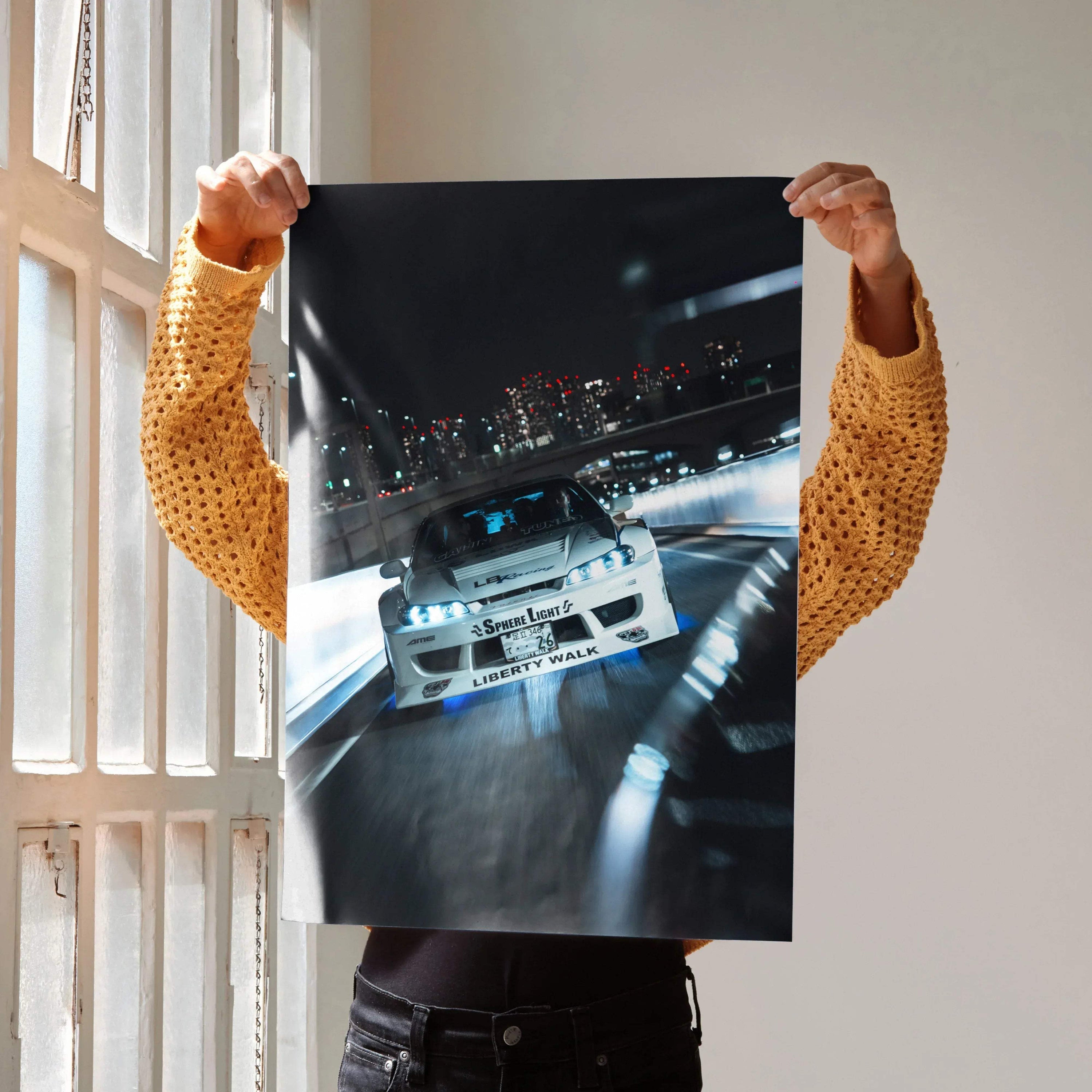 Nissan Silvia S15 racing car poster showing motion blur on city street night wall art.