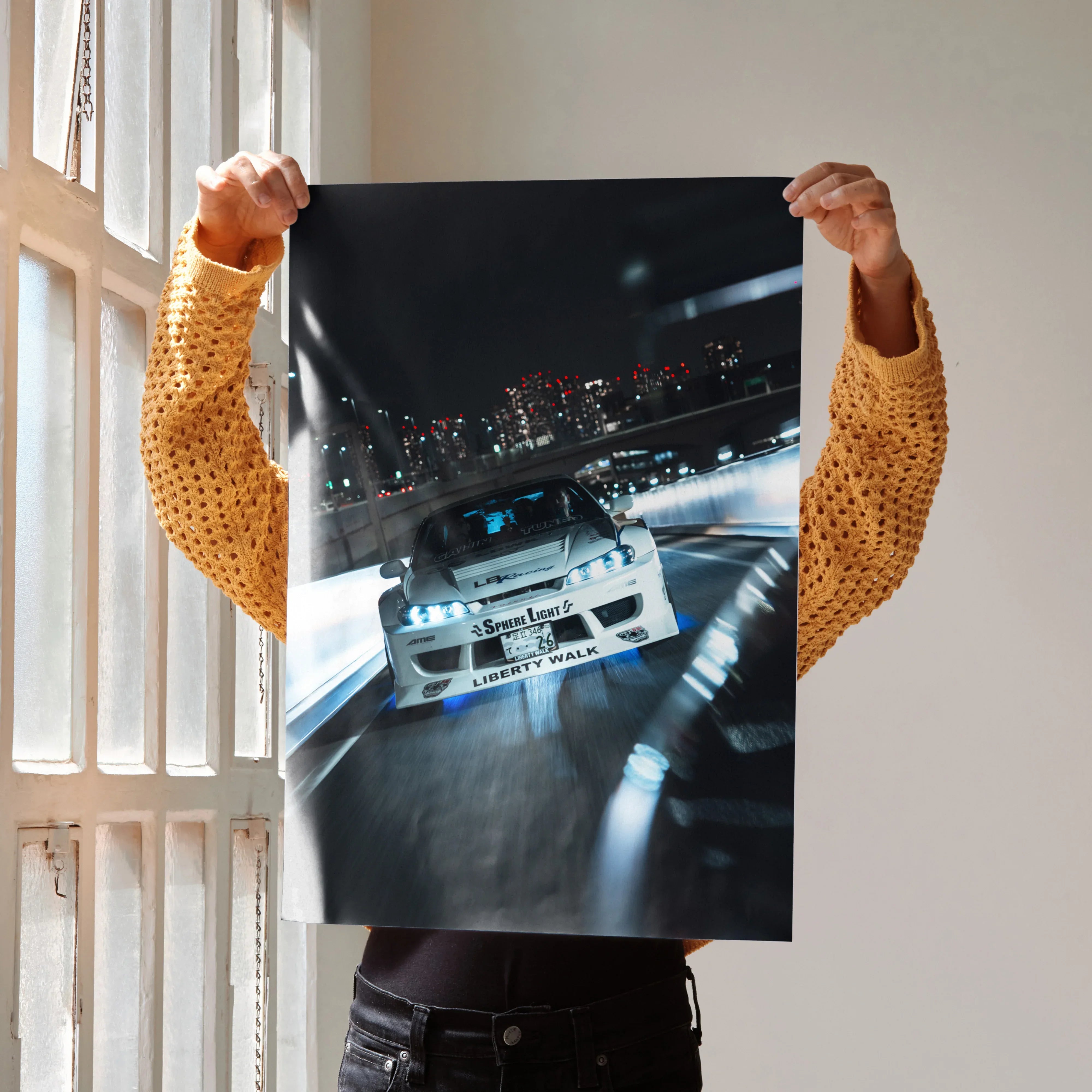 Nissan Silvia S15 racing car poster showing motion blur on city street night wall art.