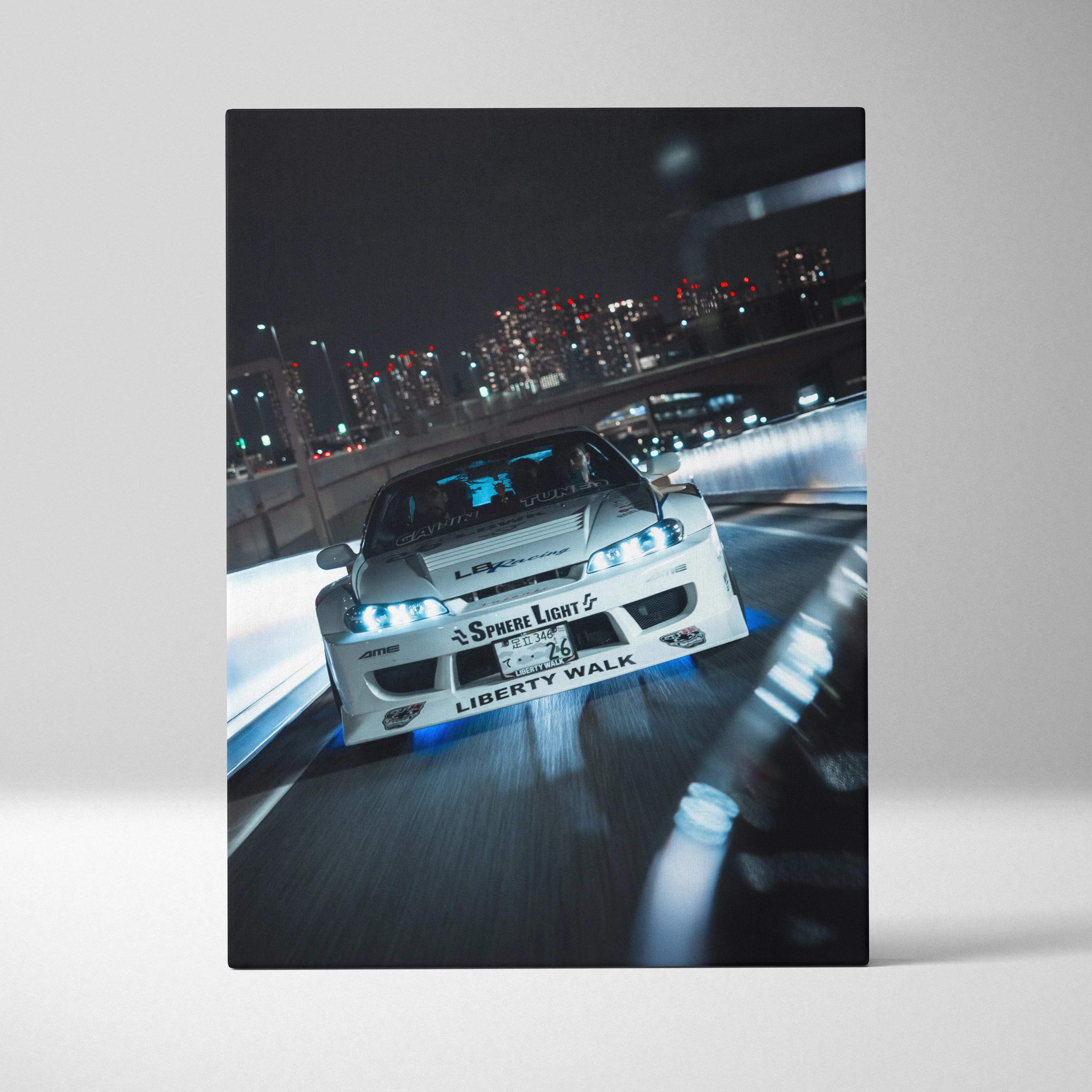 Canvas wall art of a white nissan s15 silvia drift car with blue underglow and black racing decals in blue city mood