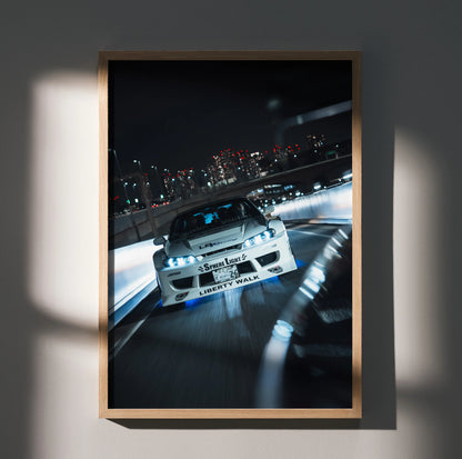 Nissan Silvia S15 racing at night cityscape poster wall art in black frame.
