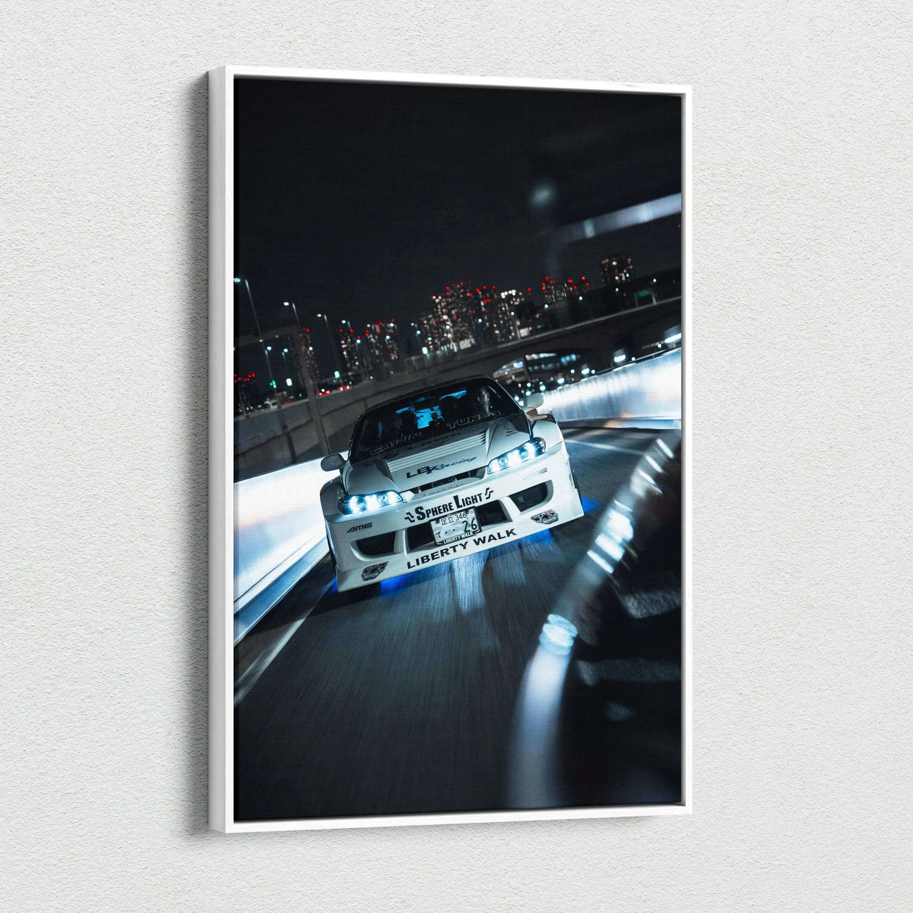 Nissan S15 Silvia racing night scene on vertical canvas wall art with city lights background.