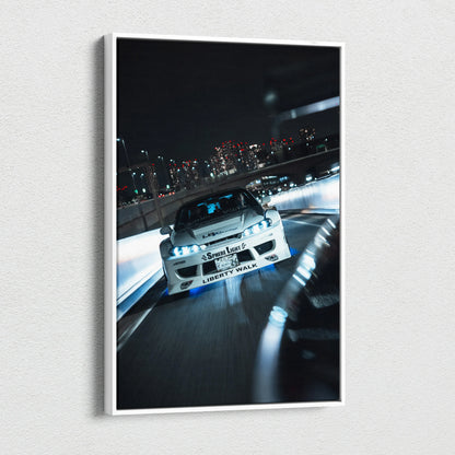 Nissan S15 Silvia racing night scene on vertical canvas wall art with city lights background.