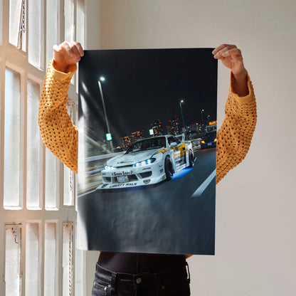 Nissan Silvia S15 drift car speeding at night poster wall art with city lights background.