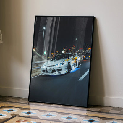 Nissan Silvia S15 drifting at night high resolution poster wall art with city lights background.