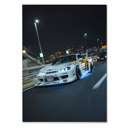 Nissan Silvia S15 racing car speeding on city street at night poster wall art.