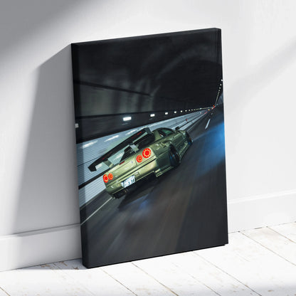 Nissan R34 GTR racing at night on tunnel road canvas wall art print.
