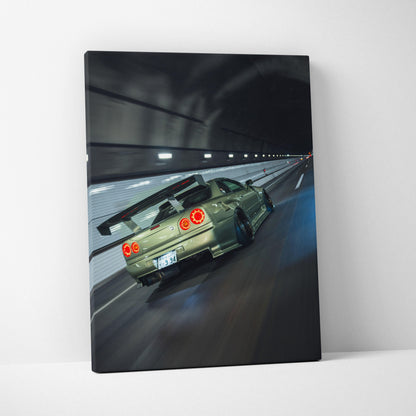 Nissan GTR R34 Skyline racing in tunnel canvas wall art with dynamic motion blur.