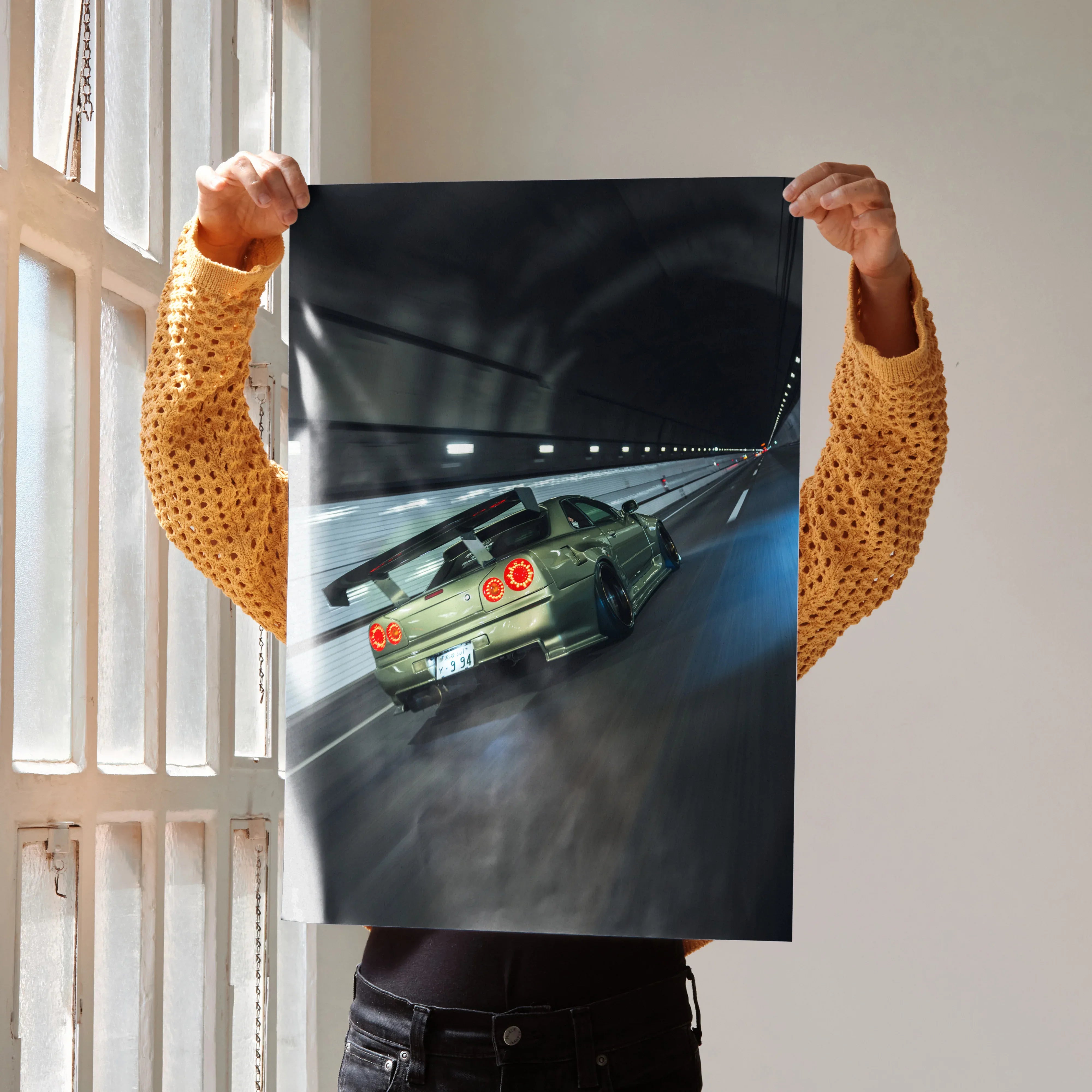 Nissan GT-R R34 Skyline racing through a tunnel at night poster wall art.
