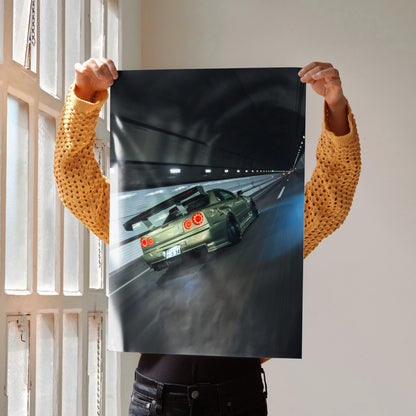 Nissan GT-R R34 Skyline racing through a tunnel at night poster wall art.