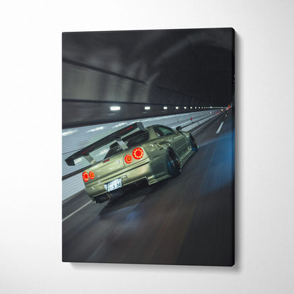 Nissan GTR R34 Skyline speeding in tunnel canvas wall art with glossy finish and dynamic motion effect.