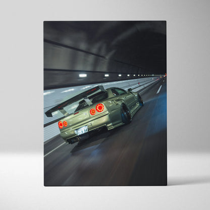 Nissan GTR R34 Skyline speeding in tunnel canvas wall art with dynamic motion blur.