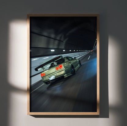 Nissan GT-R R34 Skyline in tunnel wall art poster with dynamic motion blur effect.