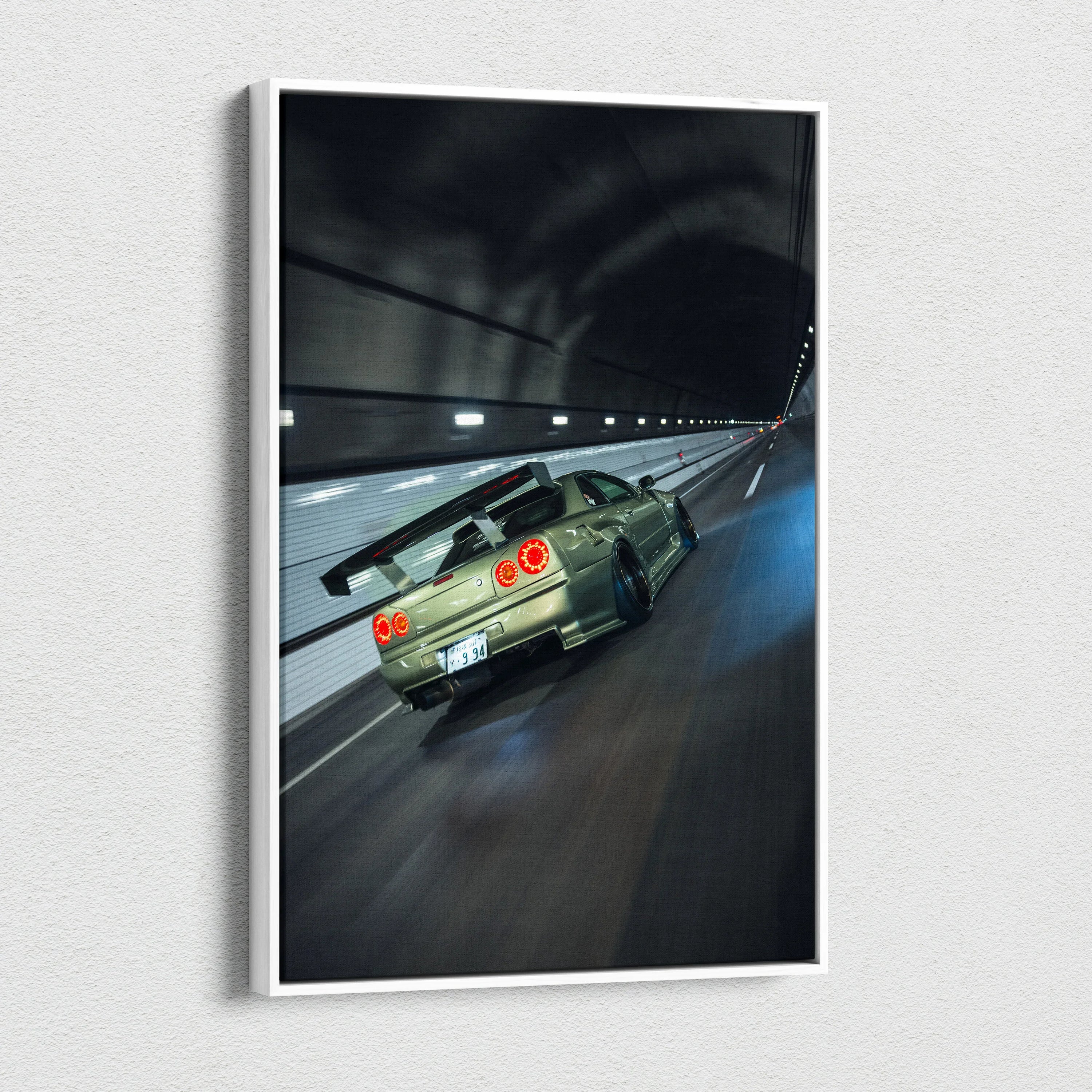 Nissan R34 GTR speeding through tunnel, high-resolution vertical canvas wall art.