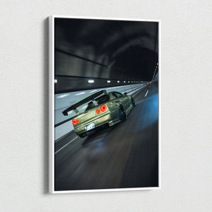 Nissan R34 GTR speeding through tunnel, high-resolution vertical canvas wall art.