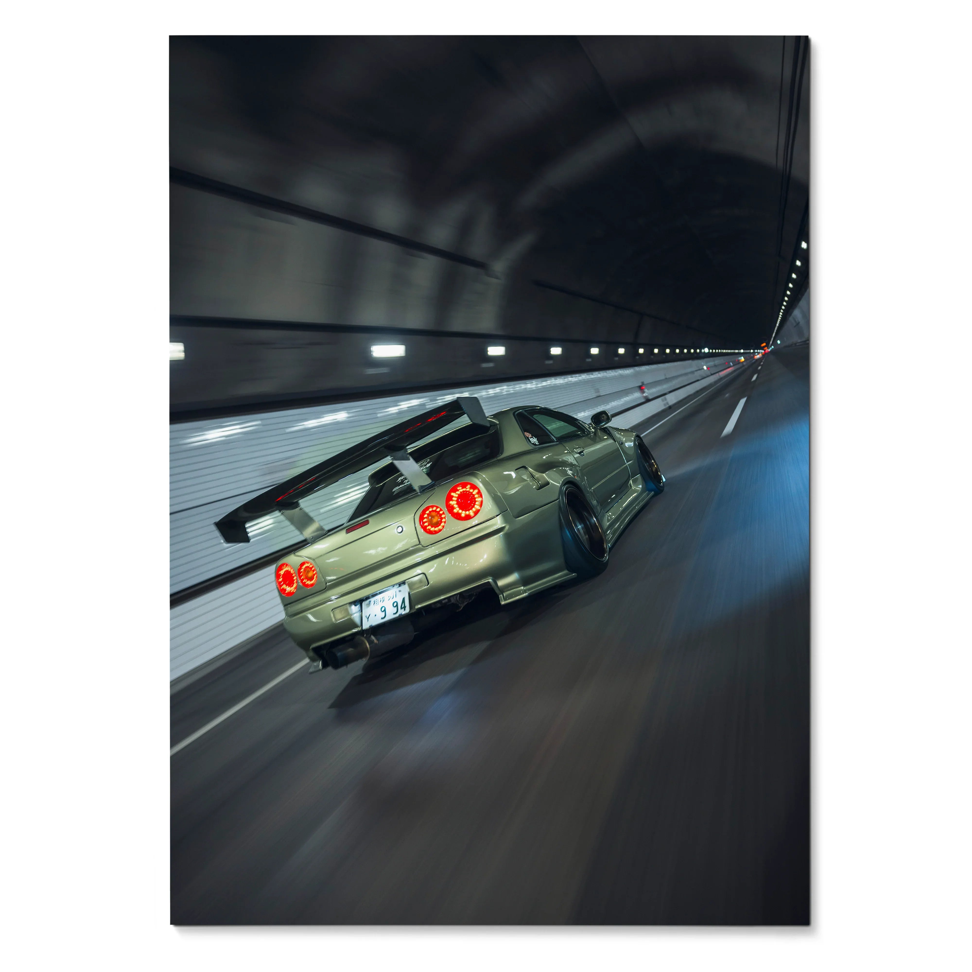Nissan GT-R R34 Skyline in green speeding through tunnel poster wall art.
