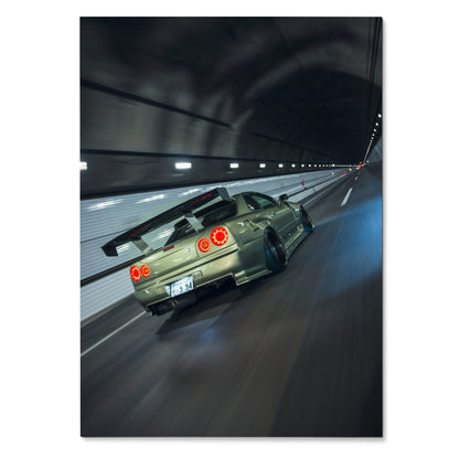 Nissan GT-R R34 Skyline in green speeding through tunnel poster wall art.