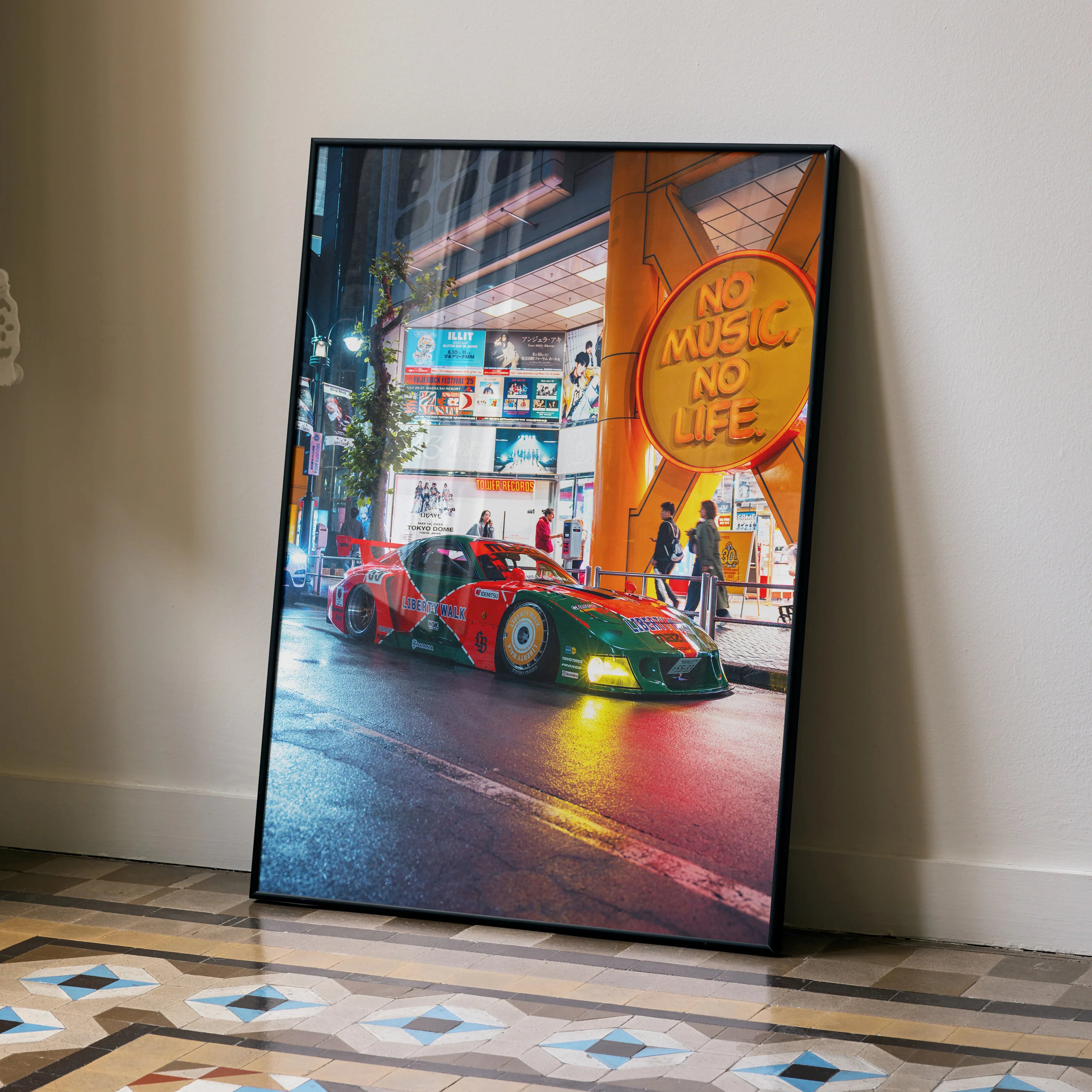Mazda FD RX7 racing car poster with vibrant city night scene wall art in black frame.