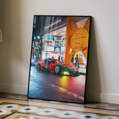 Mazda FD RX7 racing car poster with vibrant city night scene wall art in black frame.