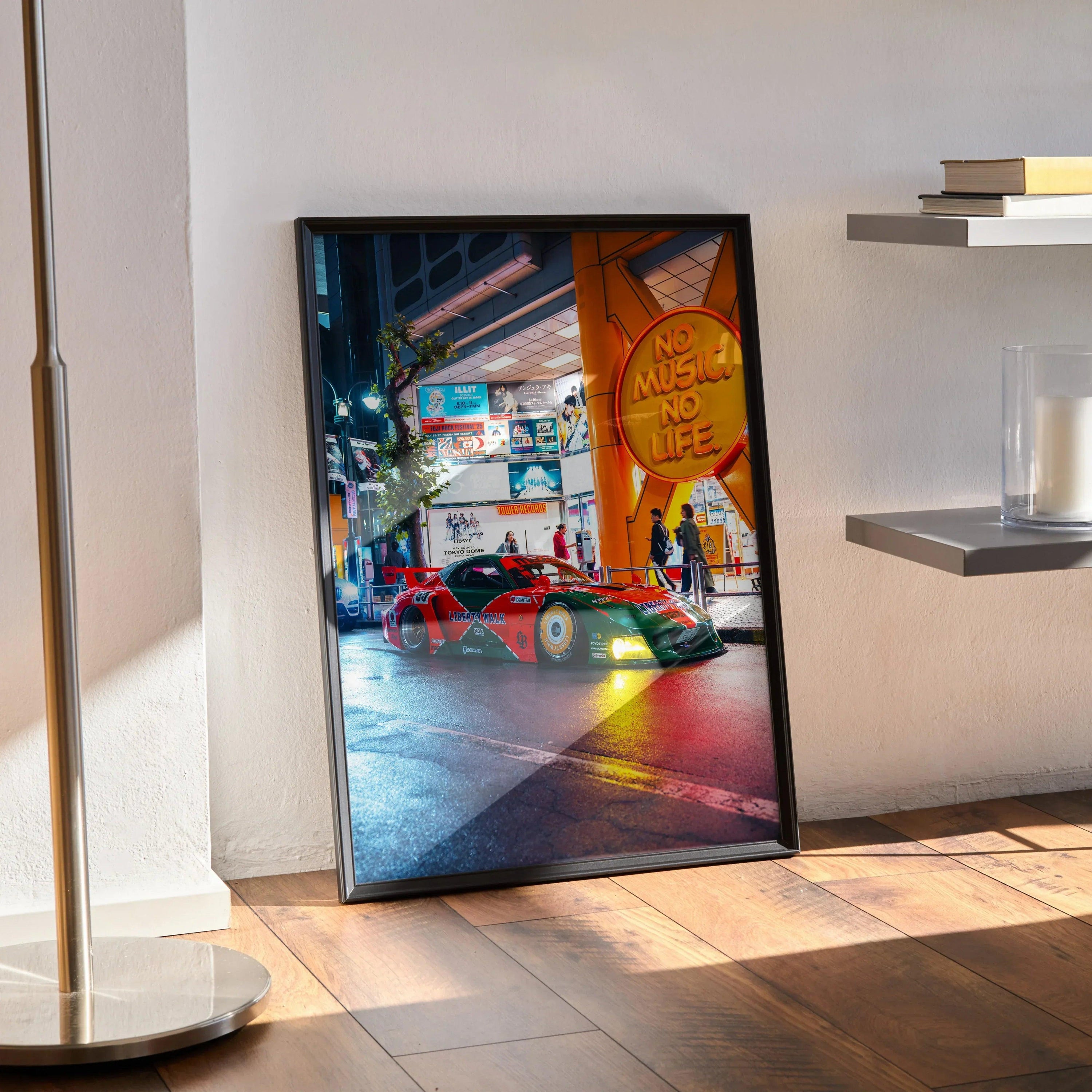Mazda FD RX7 car poster with vibrant urban night scene in black frame wall art.