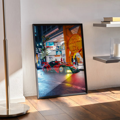 Mazda FD RX7 car poster with vibrant urban night scene in black frame wall art.