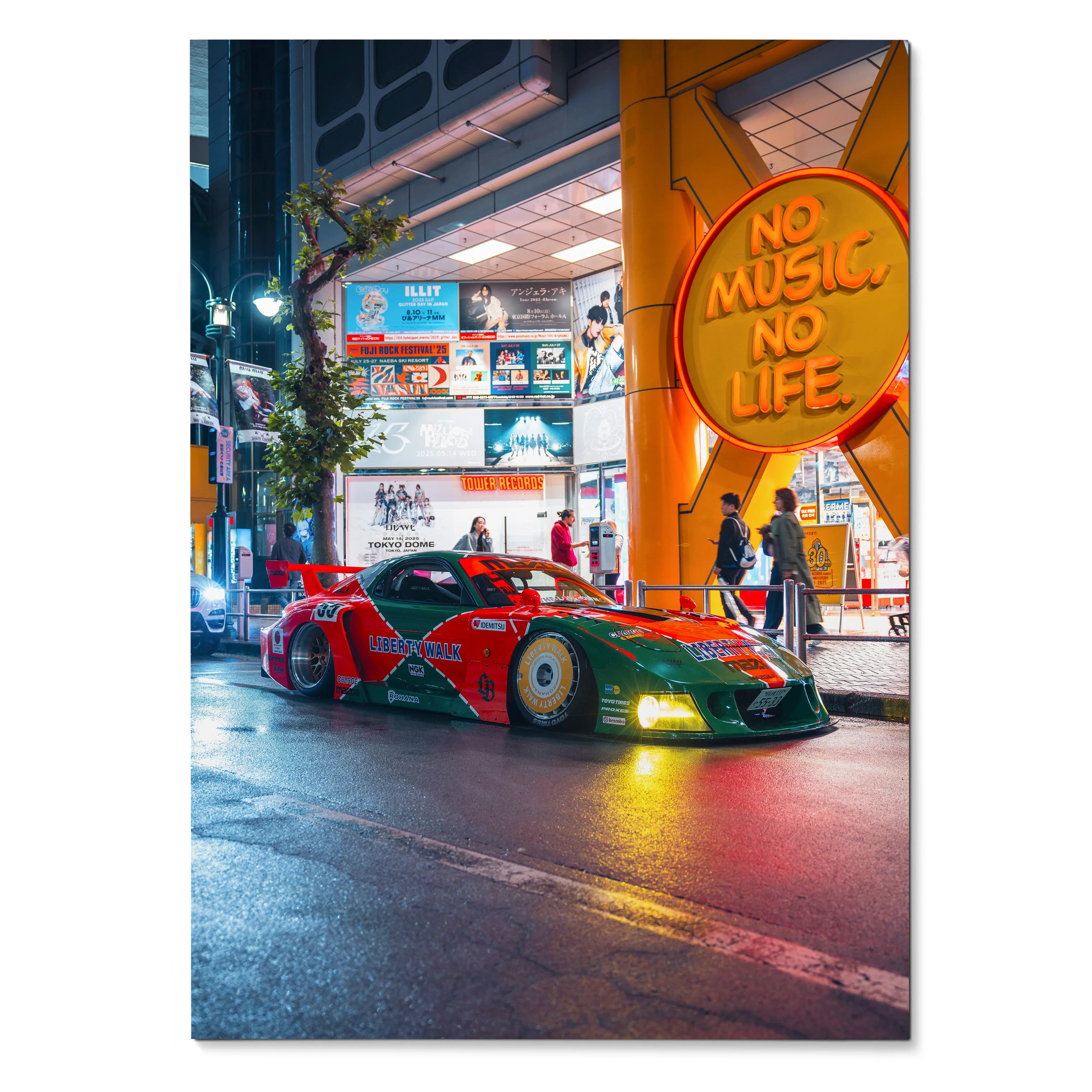 Mazda FD RX7 race car parked on city street at night poster wall art with "No Music No Life" sign.