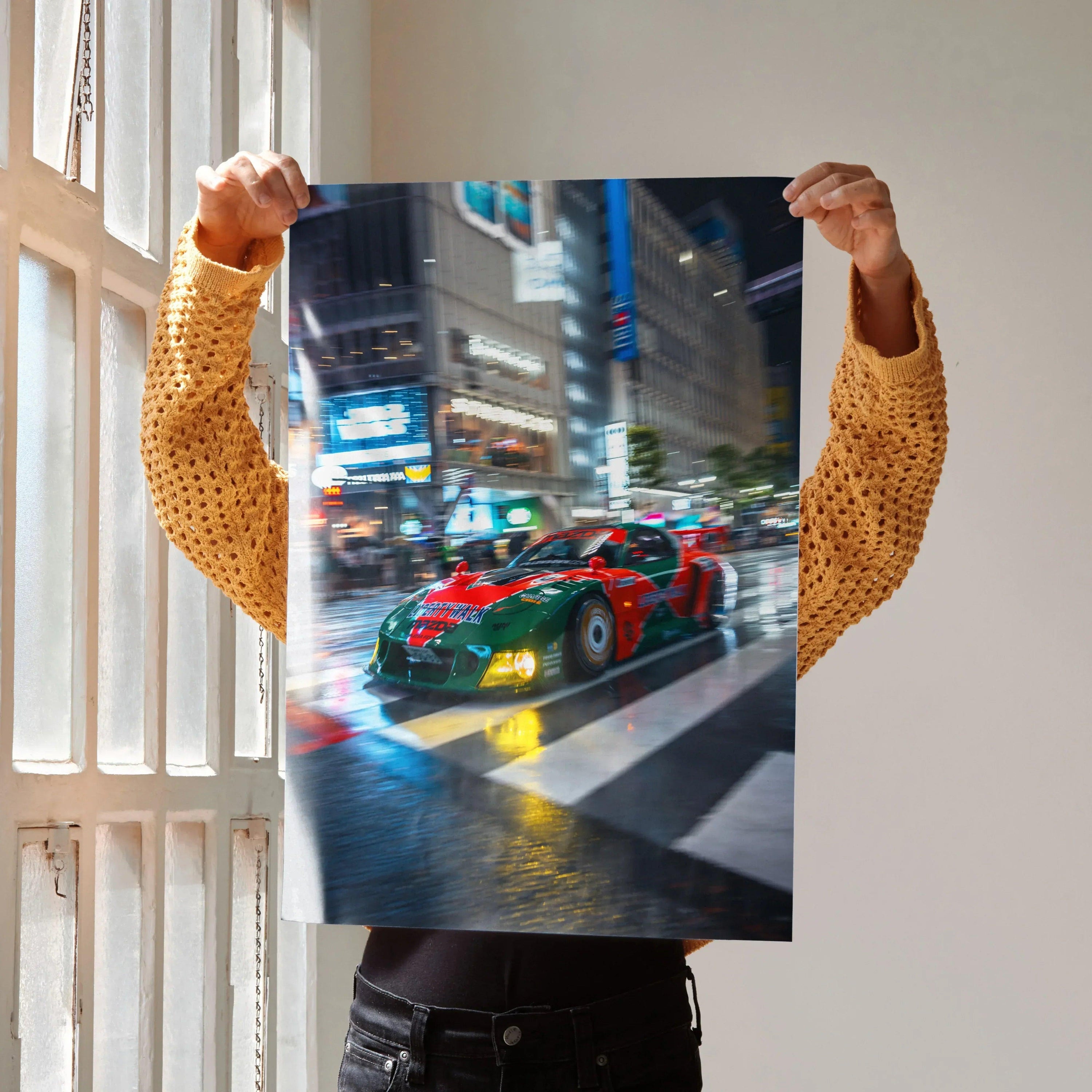 Mazda FD RX7 racing car poster with vibrant city lights, high-resolution wall art.