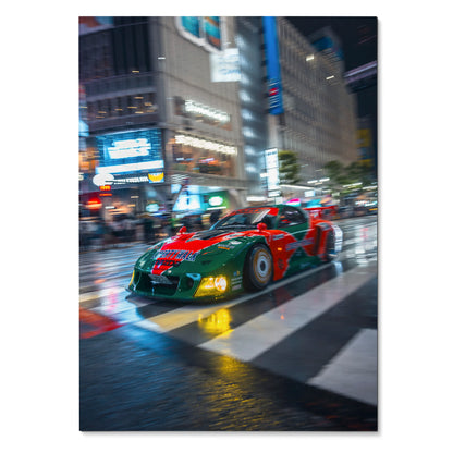 Mazda FD RX7 racing car poster with vibrant red and green livery, urban night city background wall art.