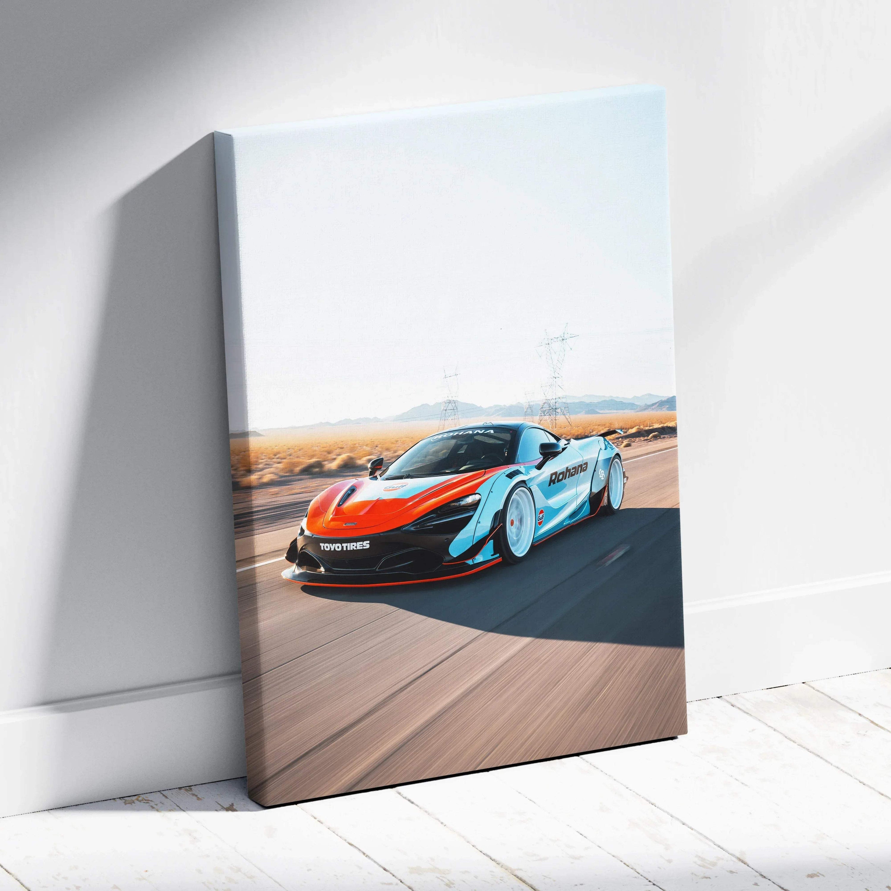 McLaren 720S bright red sports car on road canvas art vertical wall art vintage style.