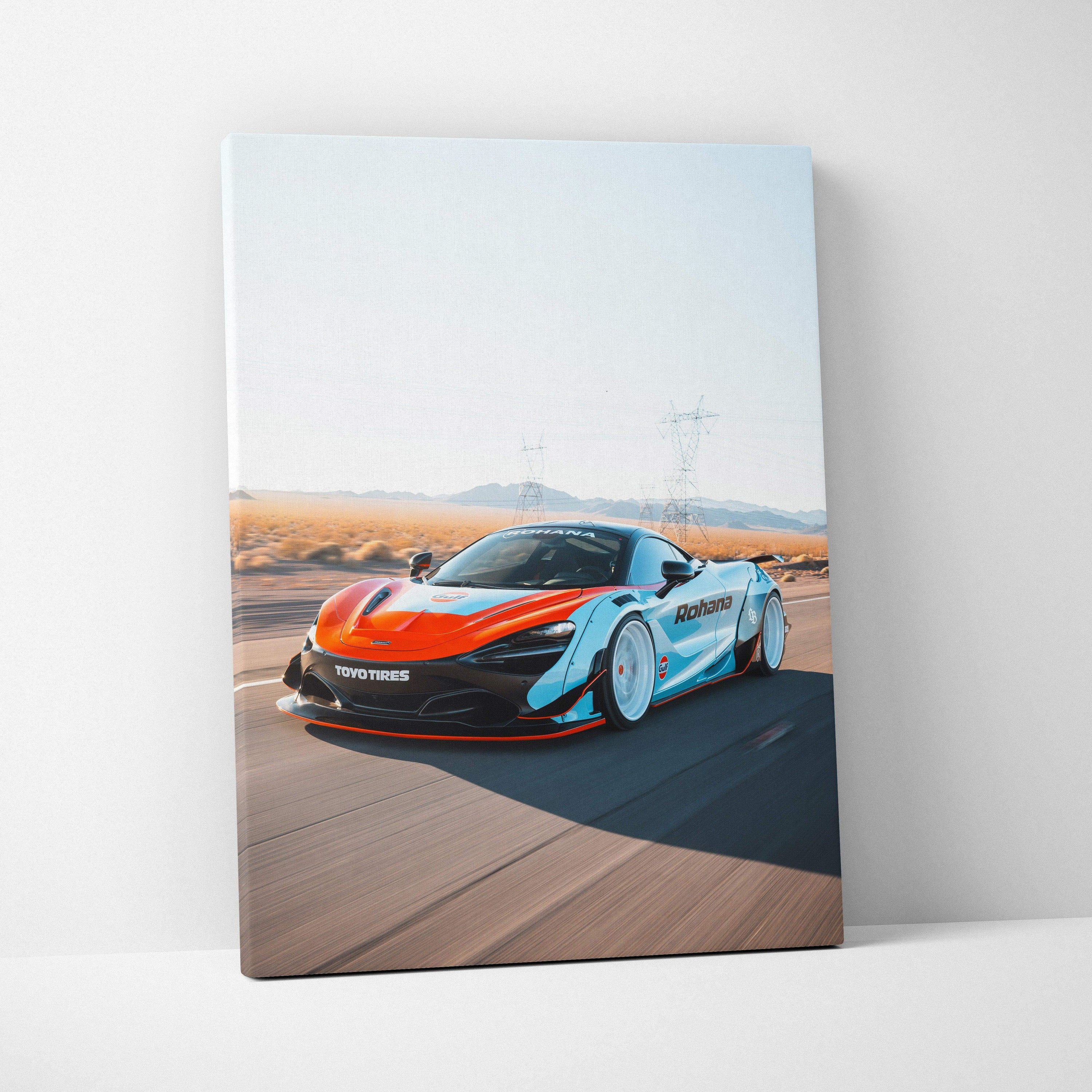 McLaren 720S red sports car driving on road high resolution vertical canvas wall art.