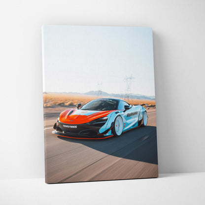 McLaren 720S red sports car driving on road high resolution vertical canvas wall art.