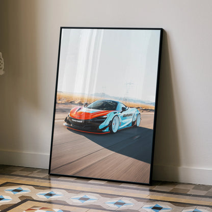 McLaren 720S supercar poster with sleek red and white design on smooth desert road wall art.