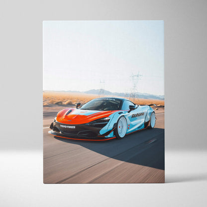McLaren 720S sports car in orange and white on vertical canvas wall art with desert background.