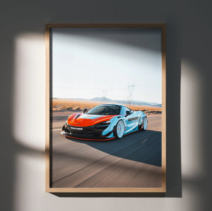 McLaren 720S supercar poster with vivid orange and black design on road, high-resolution wall art.