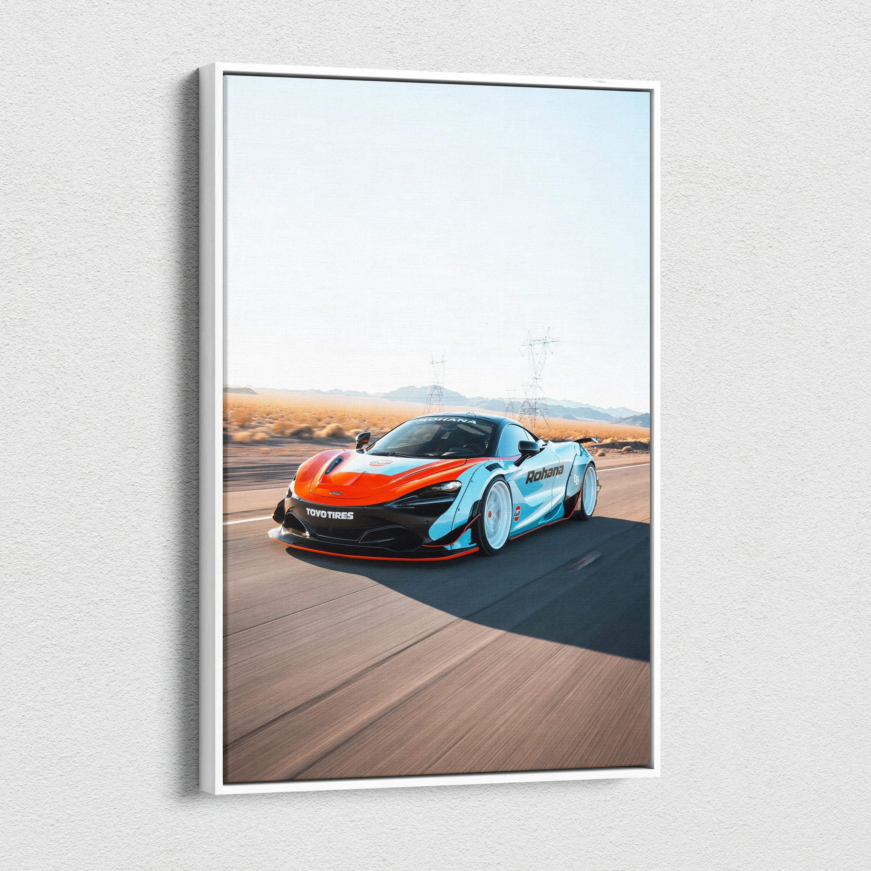 Vertical canvas art featuring a red and white McLaren 720S sports car on an open road, modern wall art.