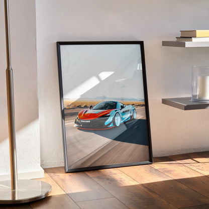 McLaren 720S supercar poster with vibrant orange and blue tones, sleek design wall art in black frame.