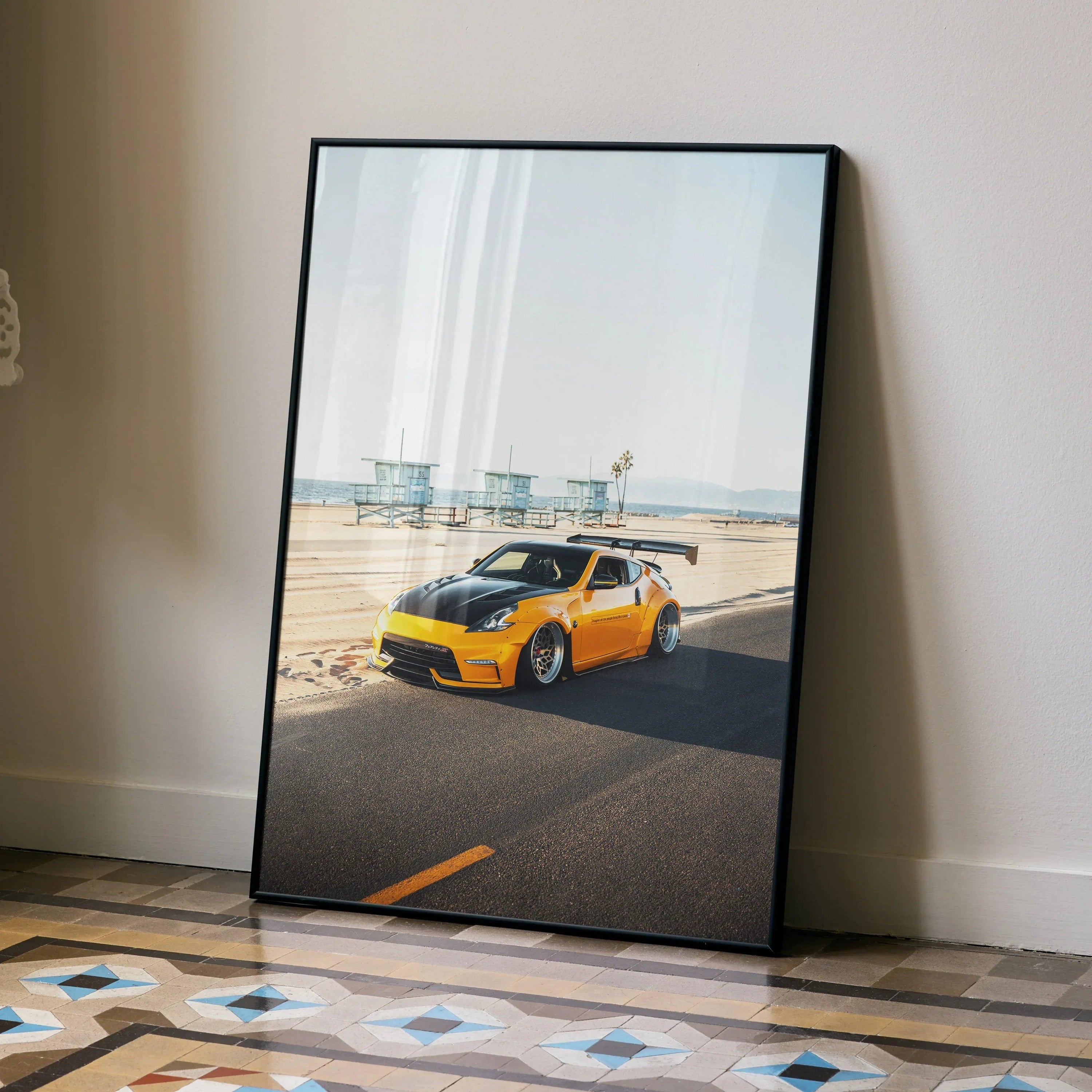 Nissan 370z JDM car poster with yellow sports car on coastal road, premium wall art.