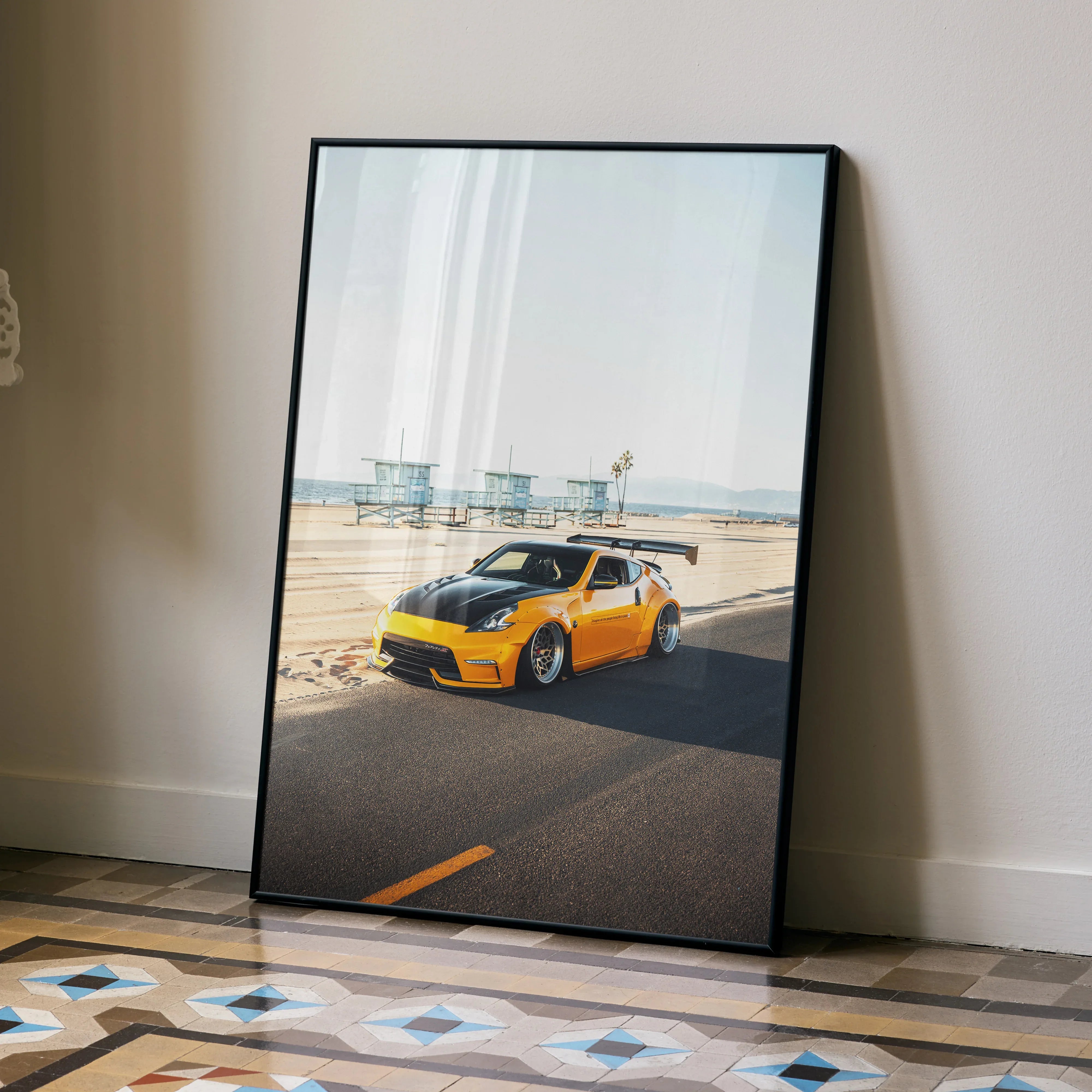 Nissan 370z JDM car poster with yellow sports car on coastal road, premium wall art.