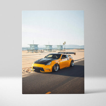 Yellow Nissan 370z sports car on coastal road canvas art wall decor.
