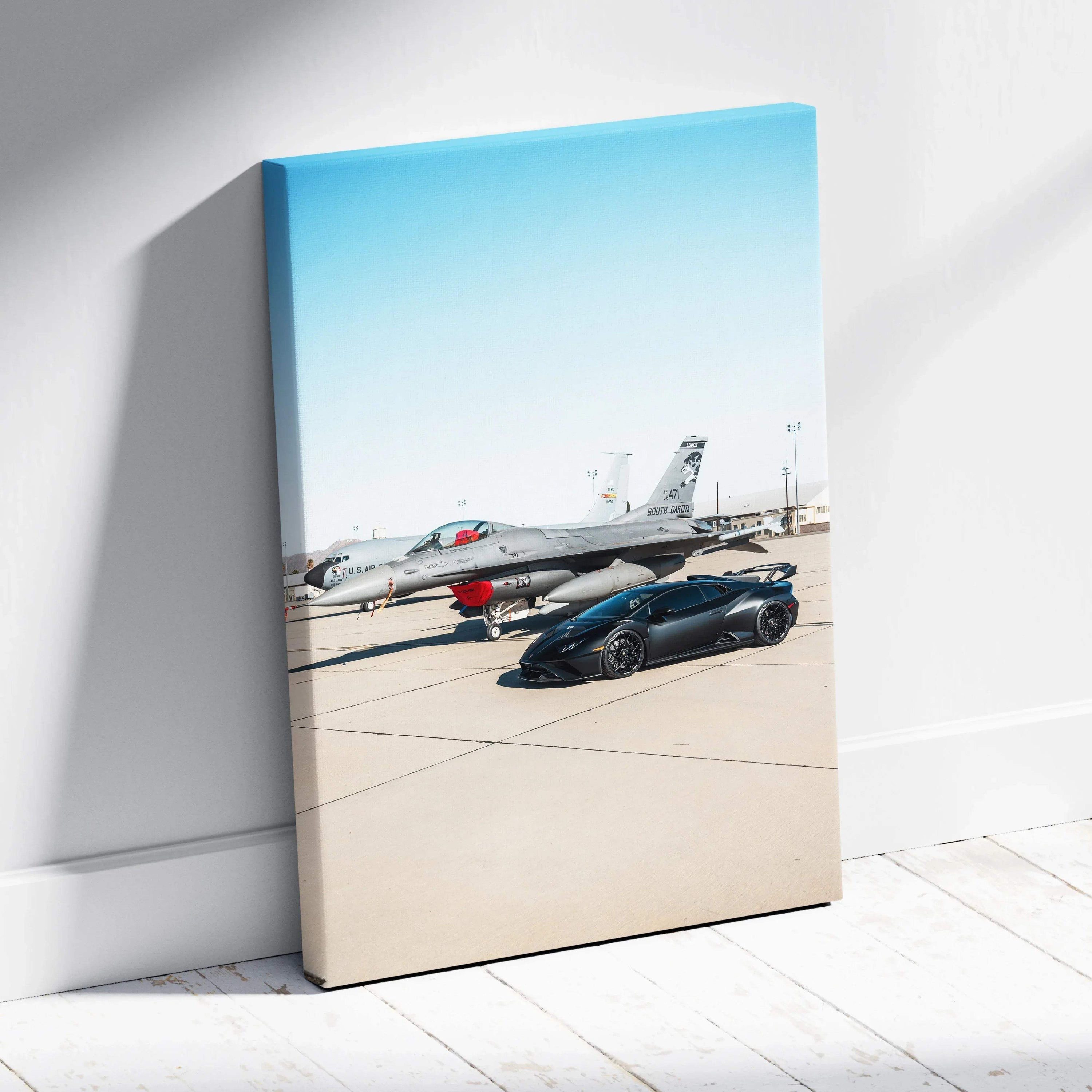Lamborghini Huracan and jet aircraft on runway vertical canvas art wall decor.