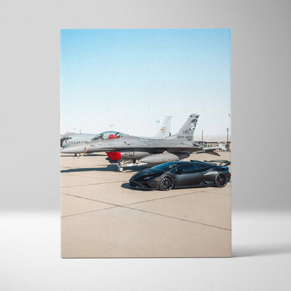Lamborghini Huracan STO parked beside a fighter jet on canvas wall art with bright blue sky.