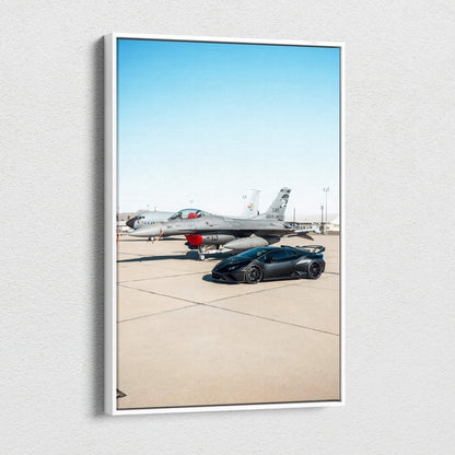 Vertical canvas art featuring a black Lamborghini Huracan STO by an airplane on the tarmac, high-resolution wall art.