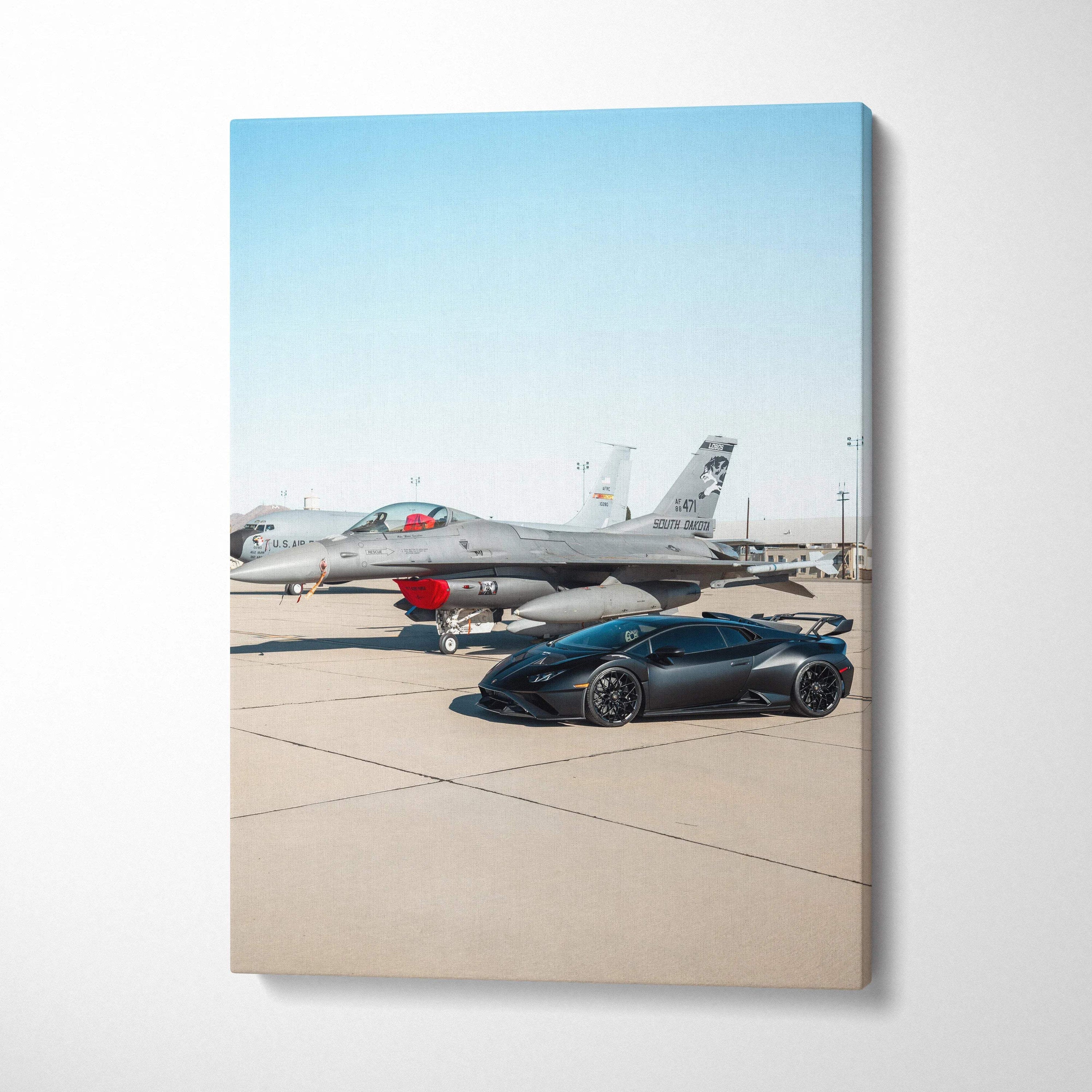 Lamborghini Huracan STO black sports car by fighter jet on canvas wall art vertical print.