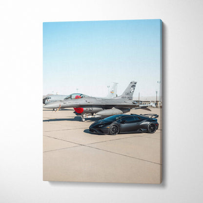 Lamborghini Huracan STO black sports car by fighter jet on canvas wall art vertical print.