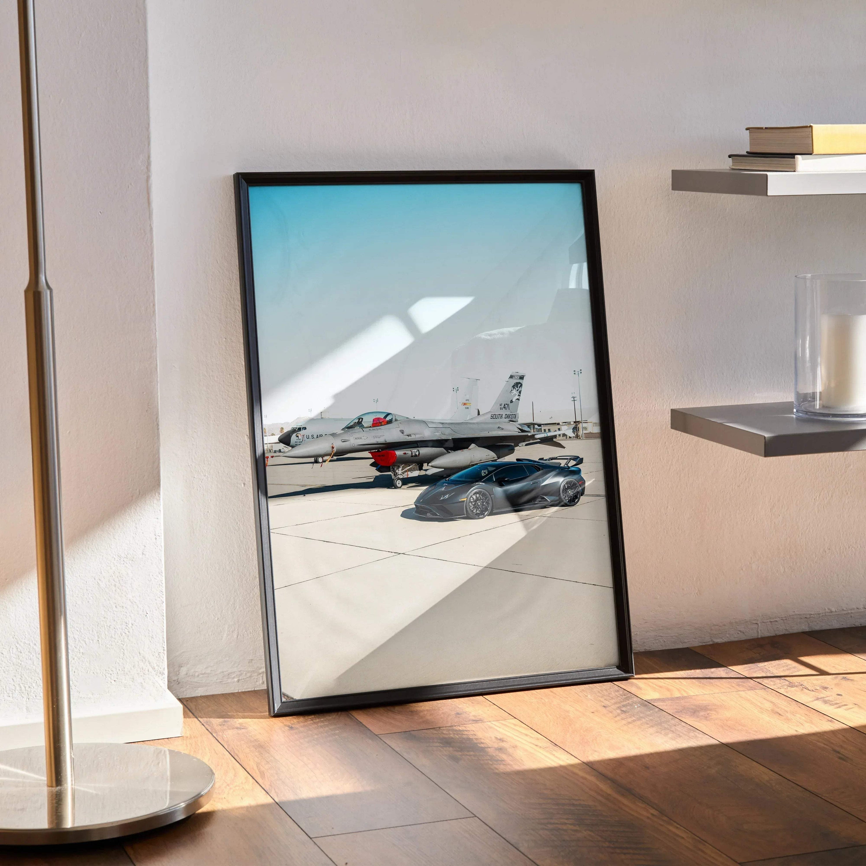 Lamborghini Huracan STO luxury car on racetrack poster wall art in black frame.