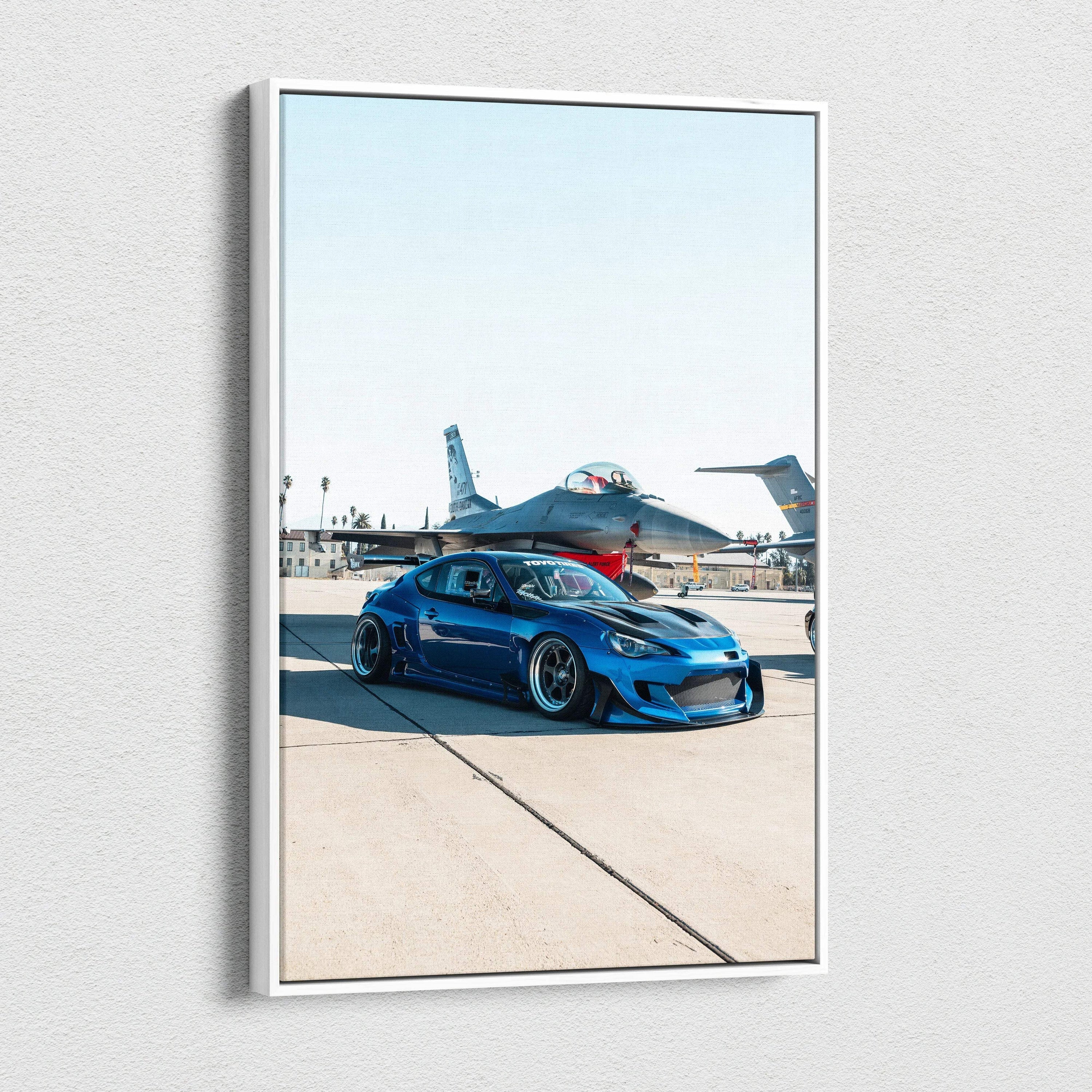 Toyota FRS blue car with jet fighter background vertical canvas wall art.